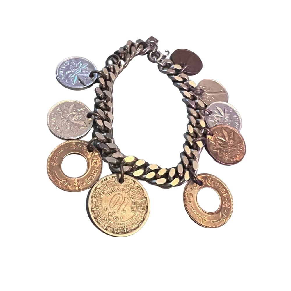 VINTAGE Signed Reinad Gold & Silver Tone Charm Coin Bracelet